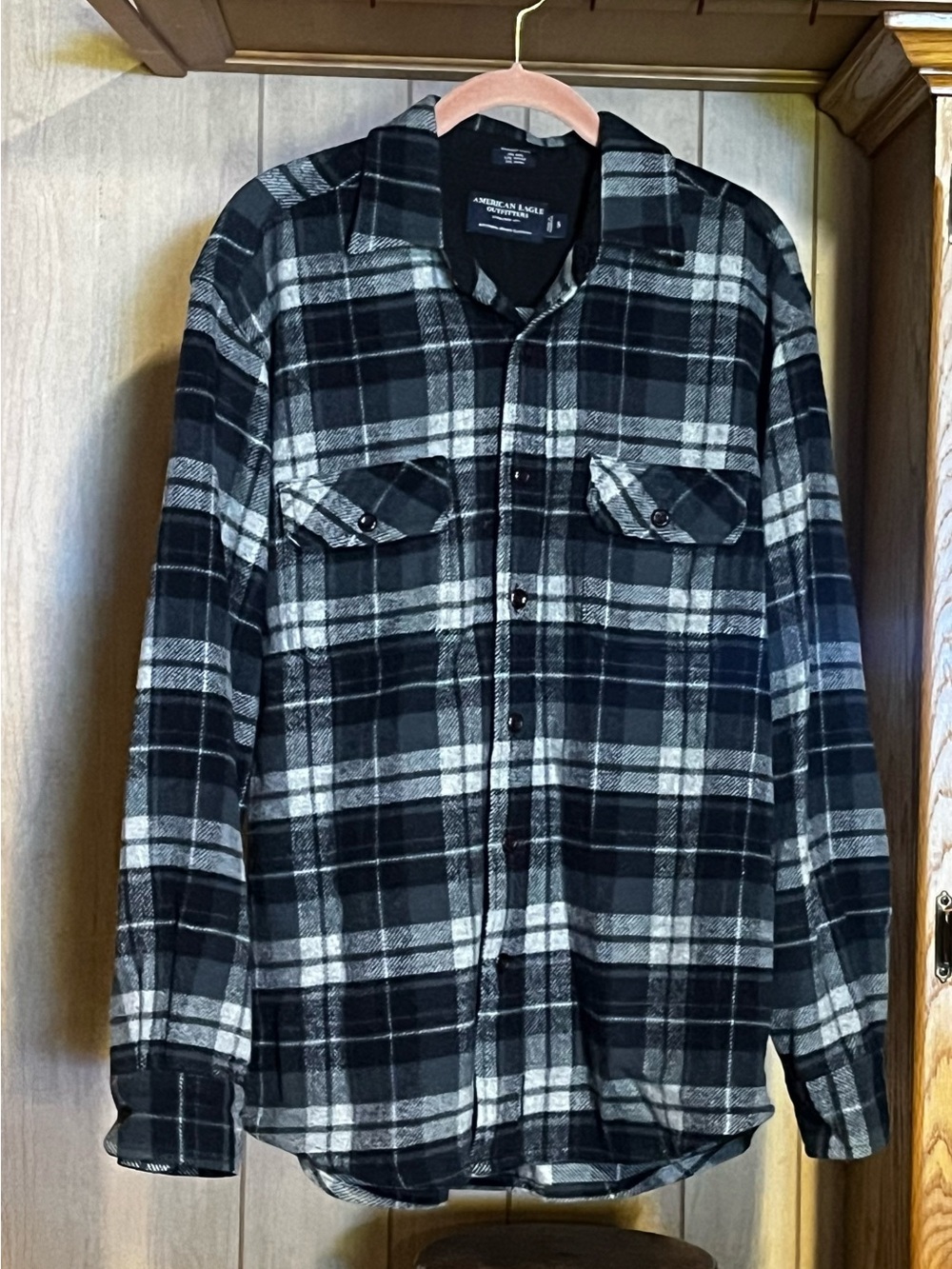 American Eagle Outfitters Black Gray Plaid Washed Wool Shirt Jacket Size Small